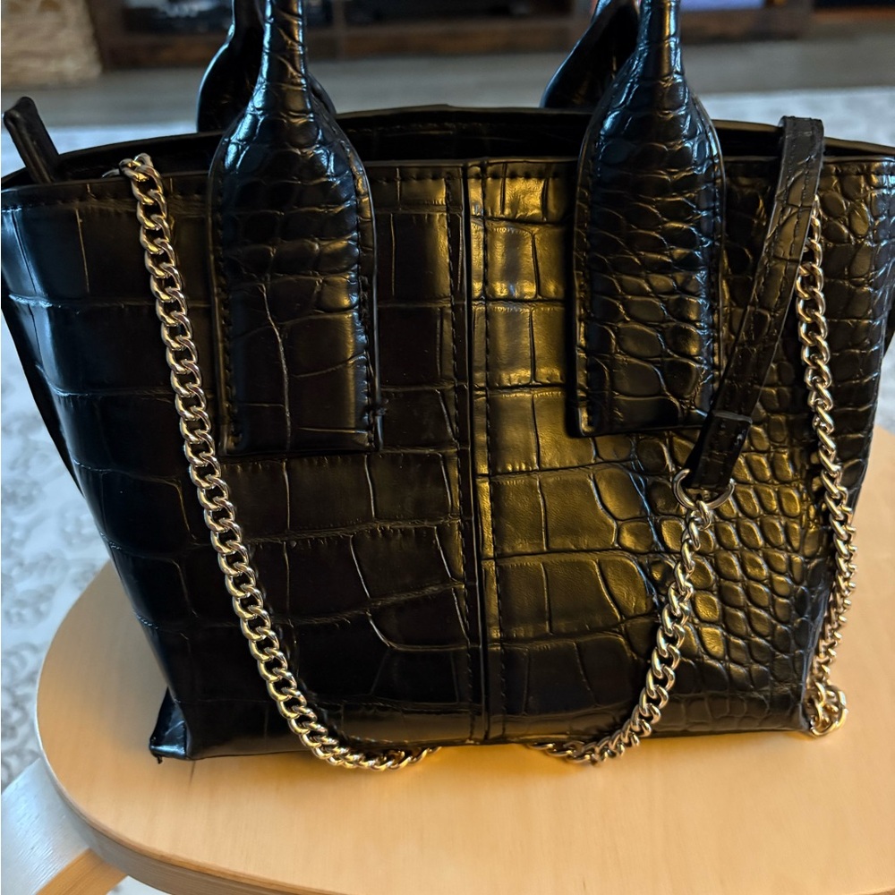 Black Croc-Embossed small tote with Gold Chain